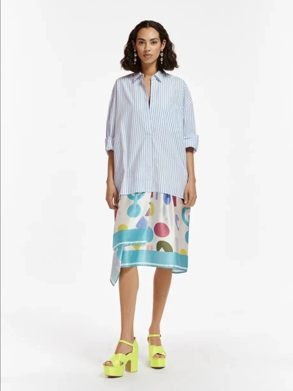 Relaxed Long-Sleeve Stripe Shirt Dress with Blue Accents